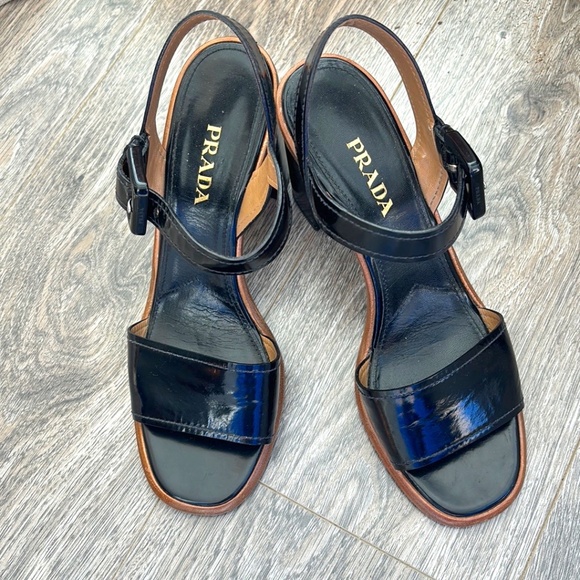 Prada Block Heel Black Patent Sandals - Picture 1 of 6